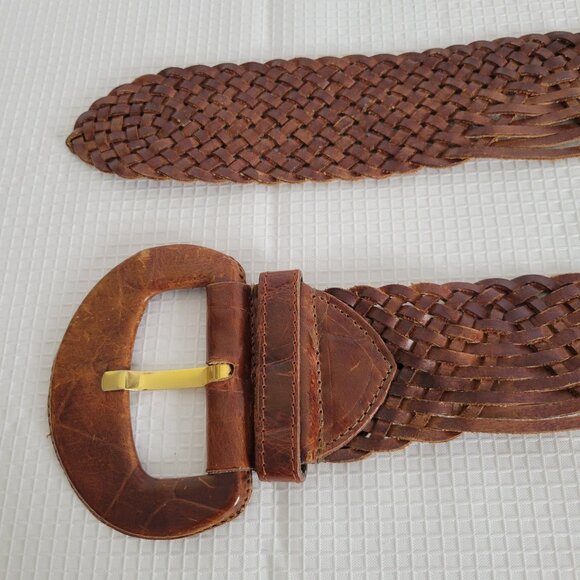 Furla Womens Sz L Belt Adjustable Wide Woven Made In Italy Genuine Leather Brown - Picture 6 of 8